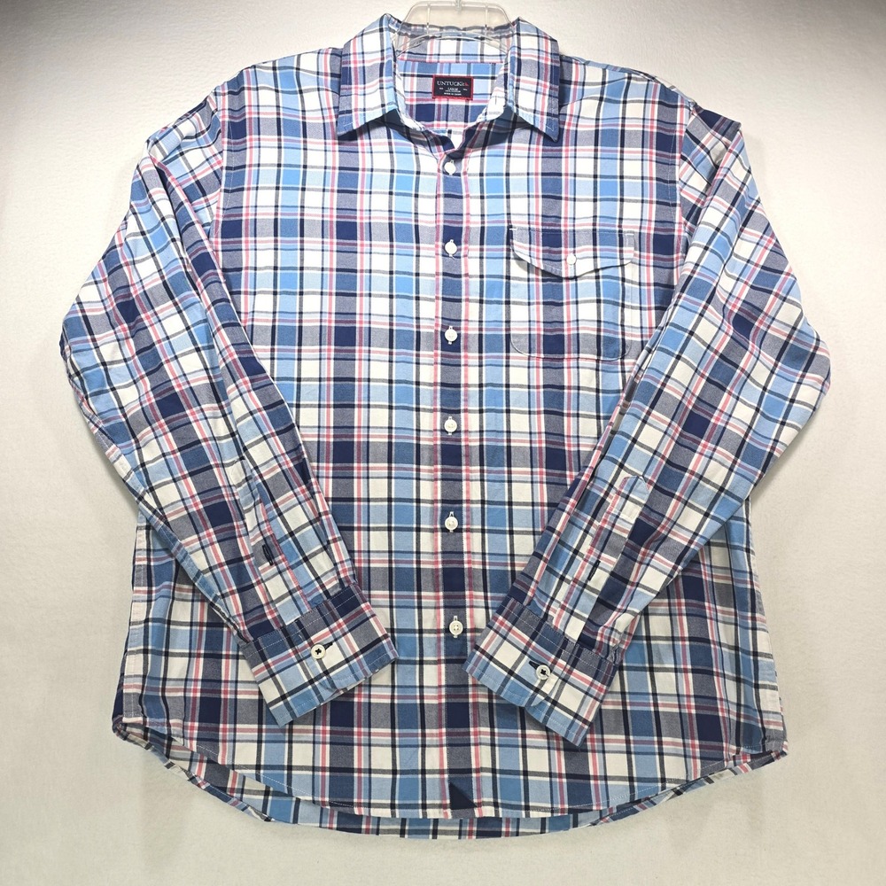 UNTUCKit Mens Large Blue Pink Plaid Long Sleeve Cotton Button Down Shirt